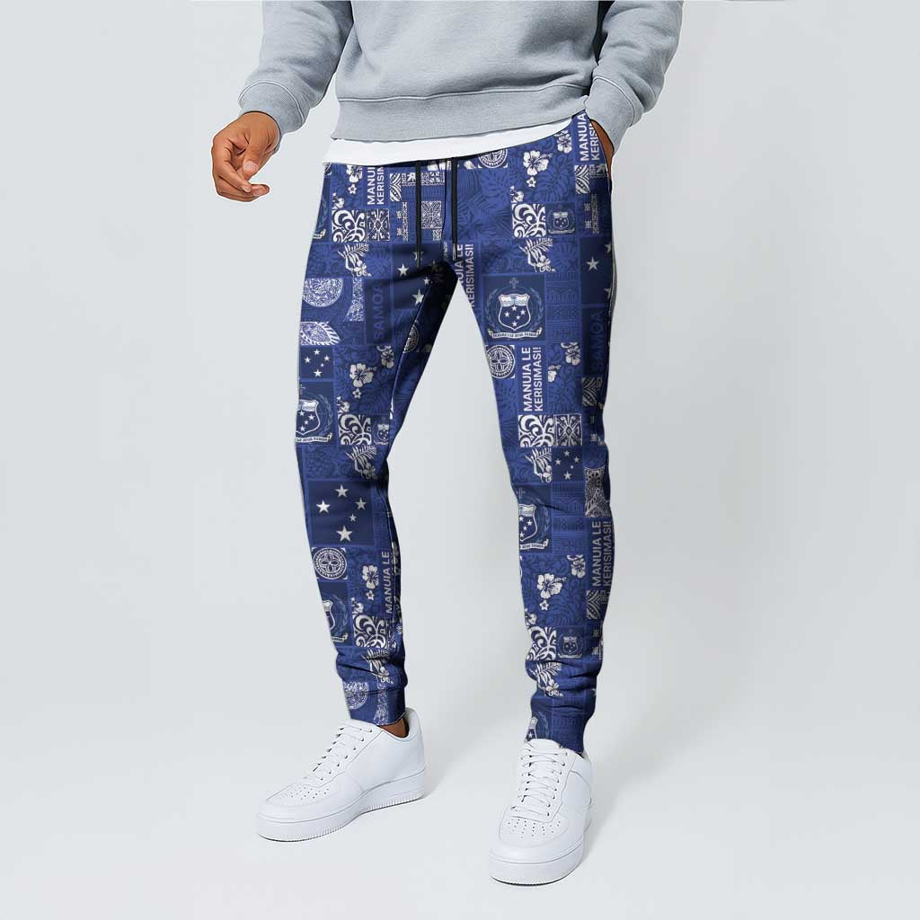 Blue Samoa Manuia Le Kerisimasi Jogger Pants Pacific Patchwork Xmas Vibes - Polynesian Pride