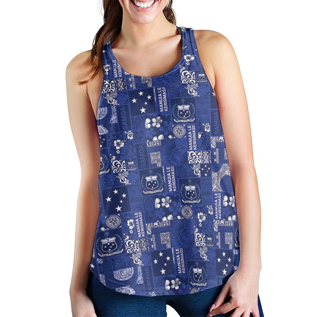 Blue Samoa Manuia Le Kerisimasi Women Racerback Tank Pacific Patchwork Xmas Vibes - Polynesian Pride