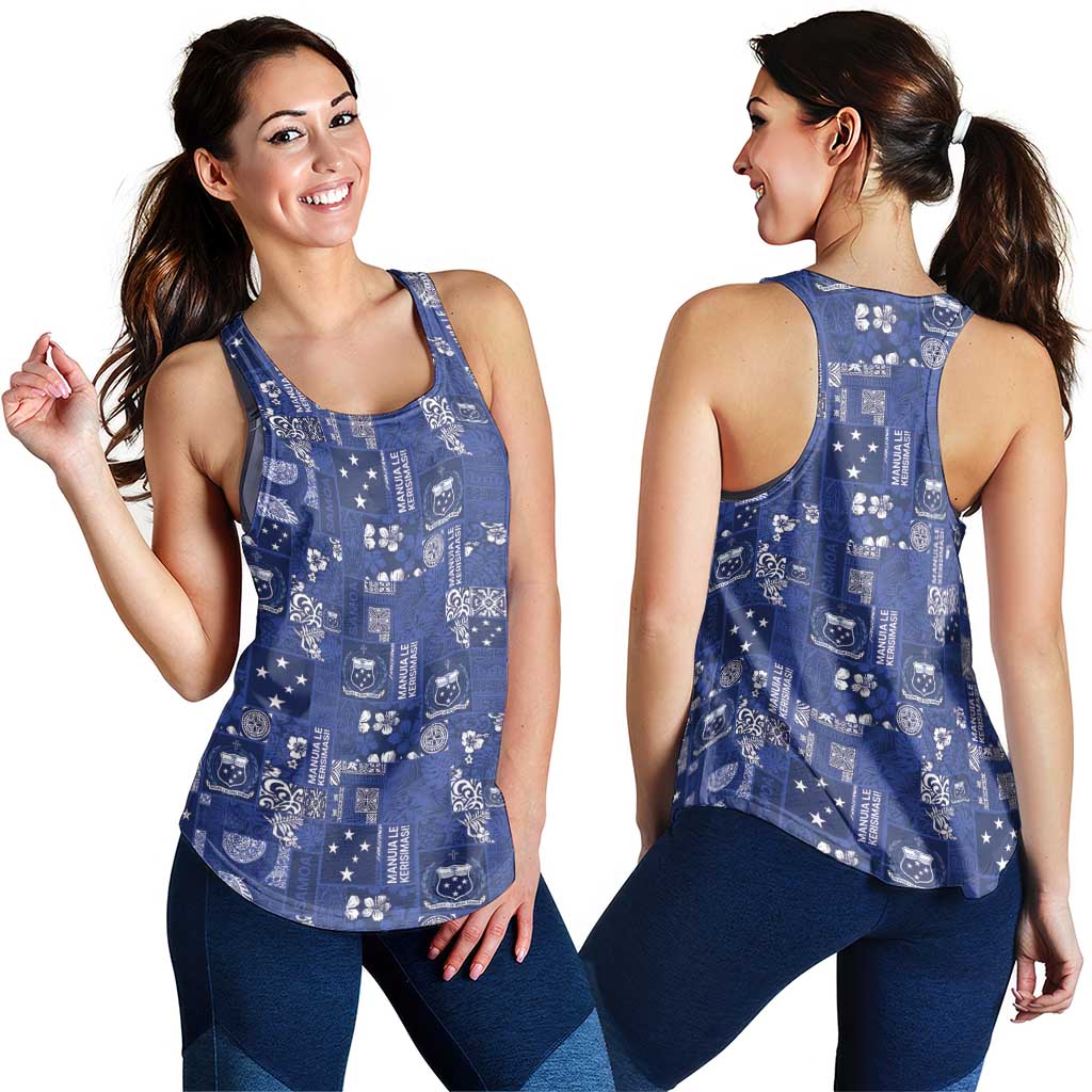 Blue Samoa Manuia Le Kerisimasi Women Racerback Tank Pacific Patchwork Xmas Vibes - Polynesian Pride