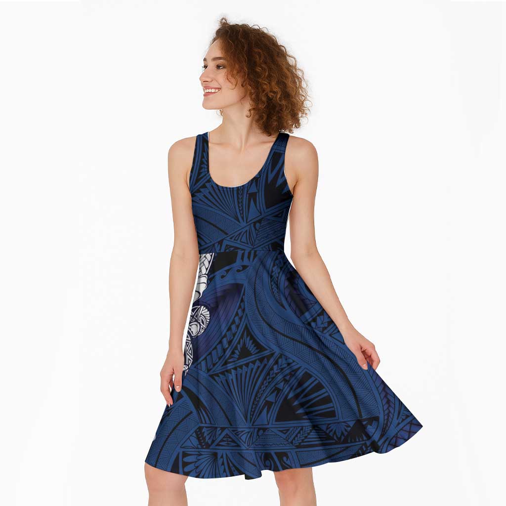 Blue Samoa Tattoo Midi Dress Plumeria Samoan Ocean Tatau Pattern - Polynesian Pride