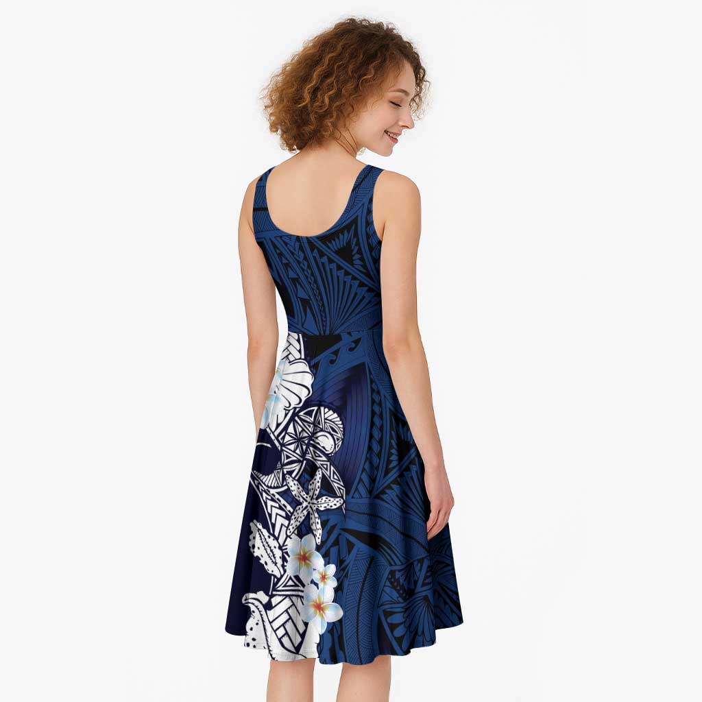 Blue Samoa Tattoo Midi Dress Plumeria Samoan Ocean Tatau Pattern - Polynesian Pride