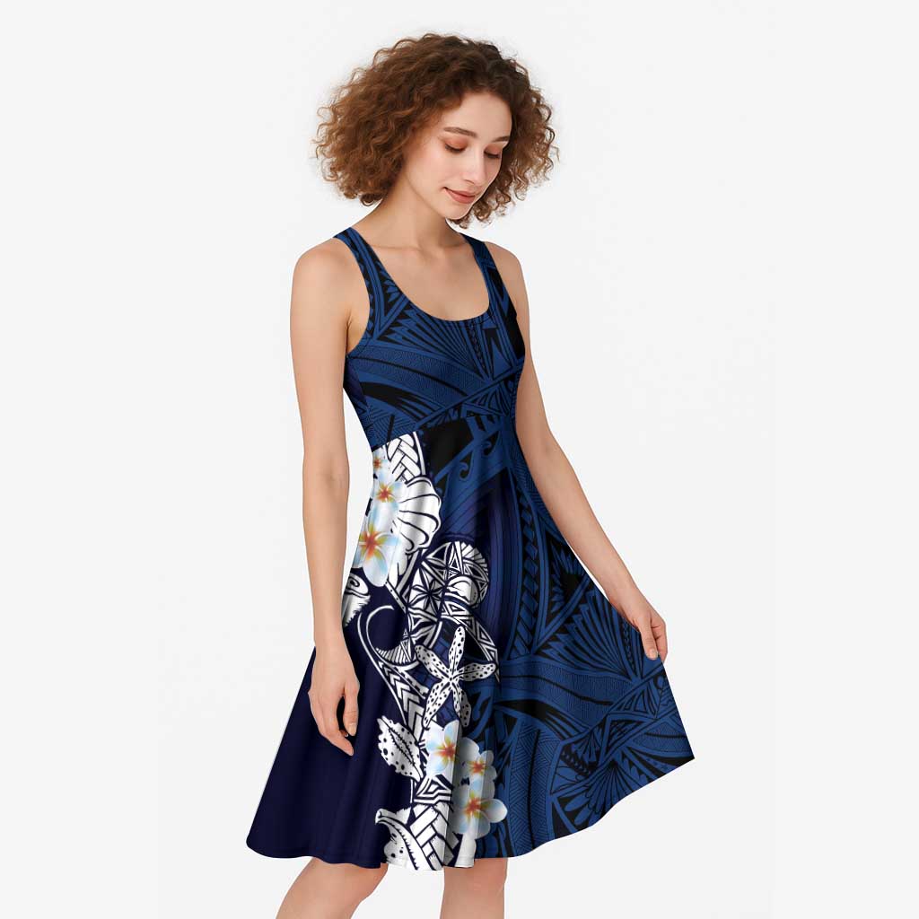 Blue Samoa Tattoo Midi Dress Plumeria Samoan Ocean Tatau Pattern - Polynesian Pride