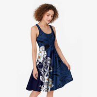 Blue Samoa Tattoo Midi Dress Plumeria Samoan Ocean Tatau Pattern - Polynesian Pride