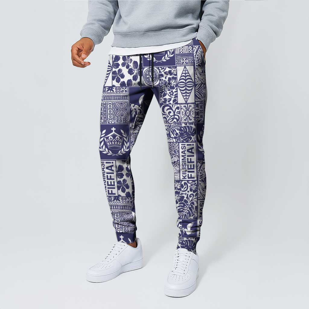 Blue Tonga Kilisimasi Fiefia Jogger Pants Pacific Patchwork Xmas Vibes - Polynesian Pride