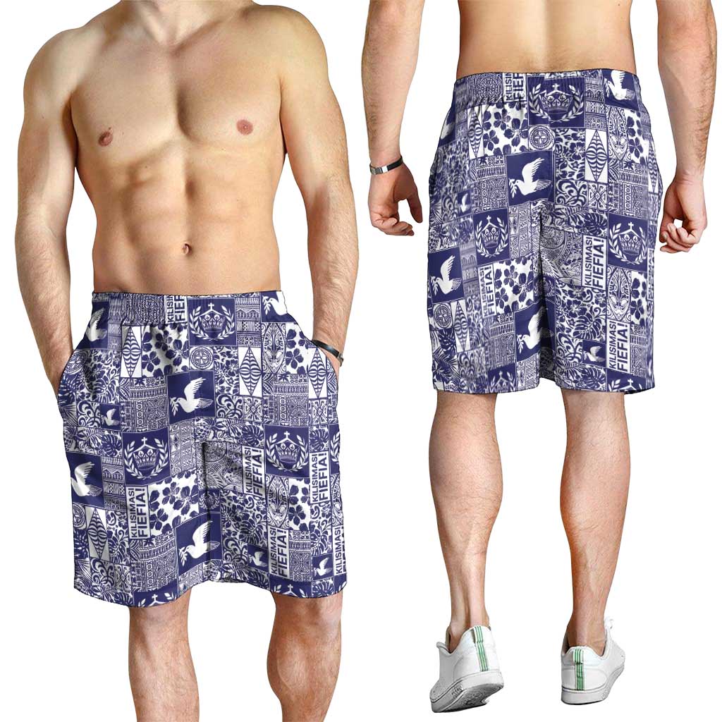 Blue Tonga Kilisimasi Fiefia Shorts for Men Pacific Patchwork Xmas Vibes - Polynesian Pride
