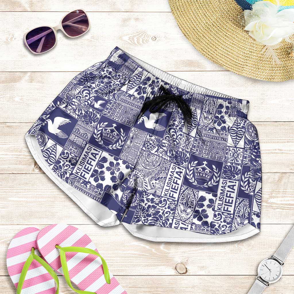 Blue Tonga Kilisimasi Fiefia Shorts for Women Pacific Patchwork Xmas Vibes LT9 Blue - Polynesian Pride