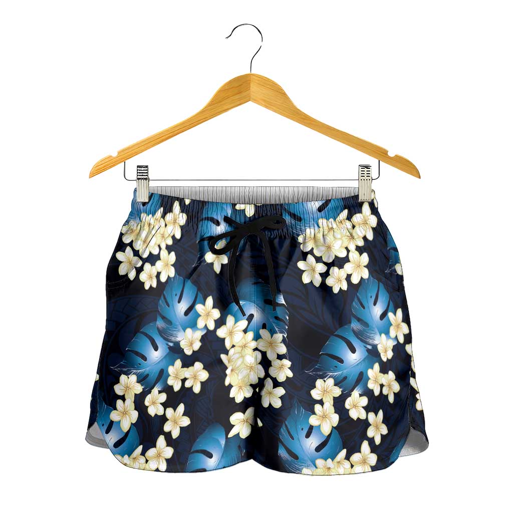 Blue Tropical Hawaii Shorts for Women Seamless Monstera Plumeria Hawaiian Pattern - Polynesian Pride