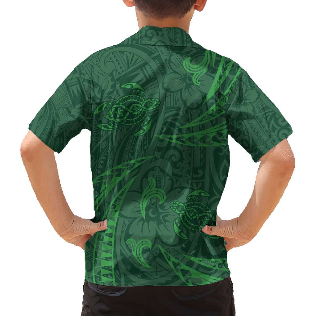 Polynesian Tribal Green Family Matching Off Shoulder Maxi Dress and Hawaiian Shirt Turtle Tattoo LT05