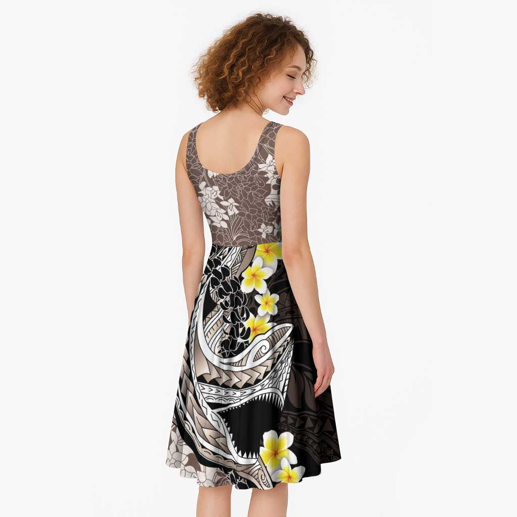 Brown and Black Hawaii Shark Tattoo Midi Dress Puakenikeni Lei Plumeria Polynesian Pattern - Polynesian Pride