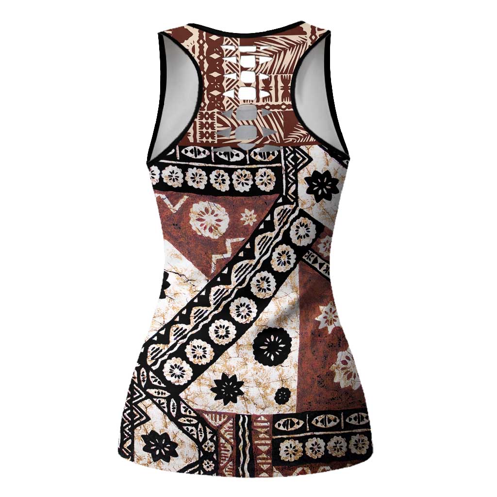 Brown Bula Fiji Hollow Tank Top Unique Masi Tapa Pattern - Polynesian Pride