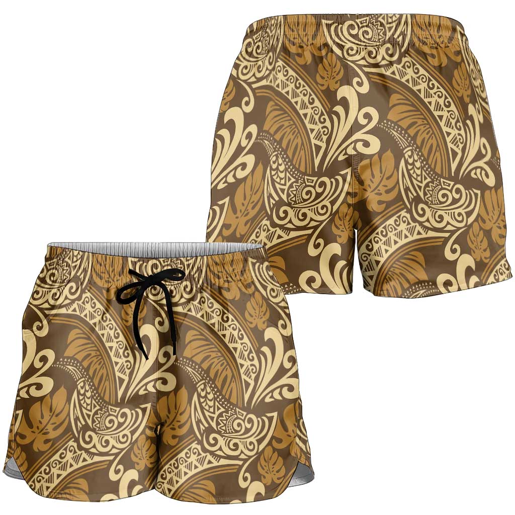 Brown Gold Monstera Shorts for Women Polynesian Tribal Pattern LT01 - Polynesian Pride