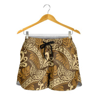 Brown Gold Monstera Shorts for Women Polynesian Tribal Pattern LT01 - Polynesian Pride
