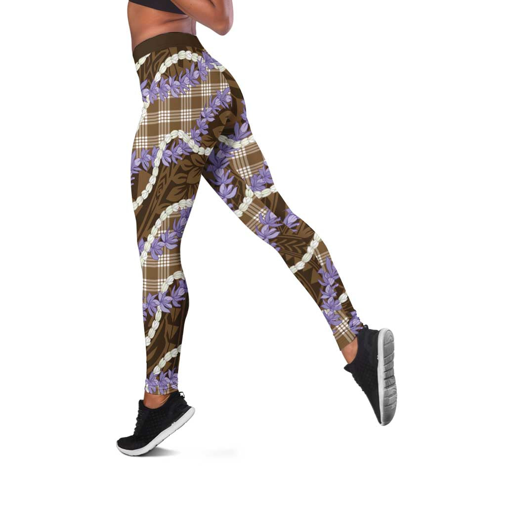 Brown Hawaii Palaka Honohono Pikake Leggings Hawaiian Orchid Lei Polynesian Pattern - Polynesian Pride