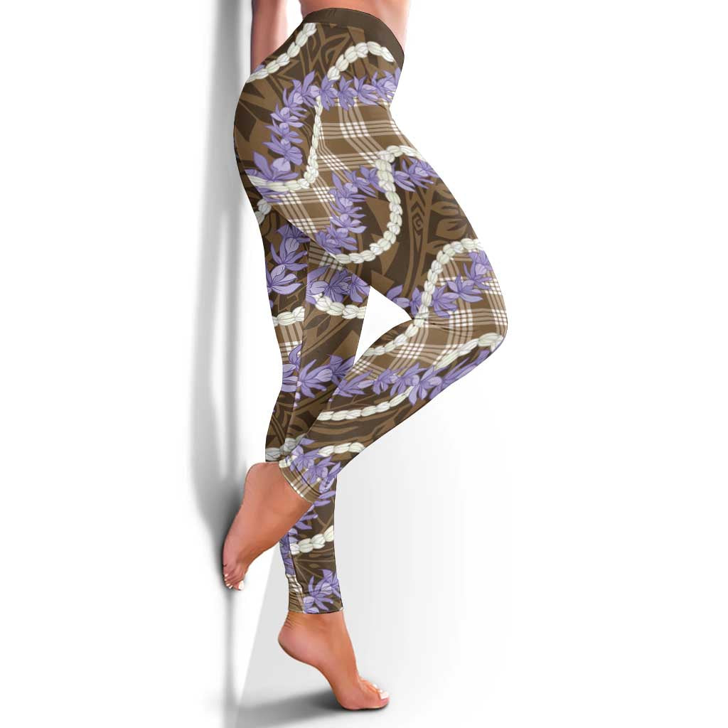 Brown Hawaii Palaka Honohono Pikake Leggings Hawaiian Orchid Lei Polynesian Pattern LT14 - Polynesian Pride