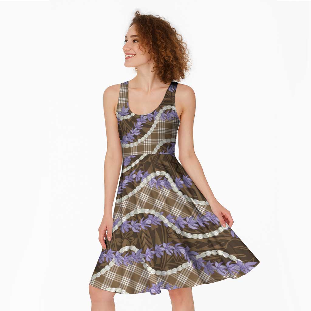 Brown Hawaii Palaka Honohono Pikake Midi Dress Hawaiian Orchid Lei Polynesian Pattern - Polynesian Pride