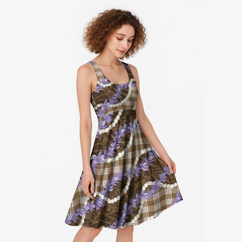 Brown Hawaii Palaka Honohono Pikake Midi Dress Hawaiian Orchid Lei Polynesian Pattern - Polynesian Pride