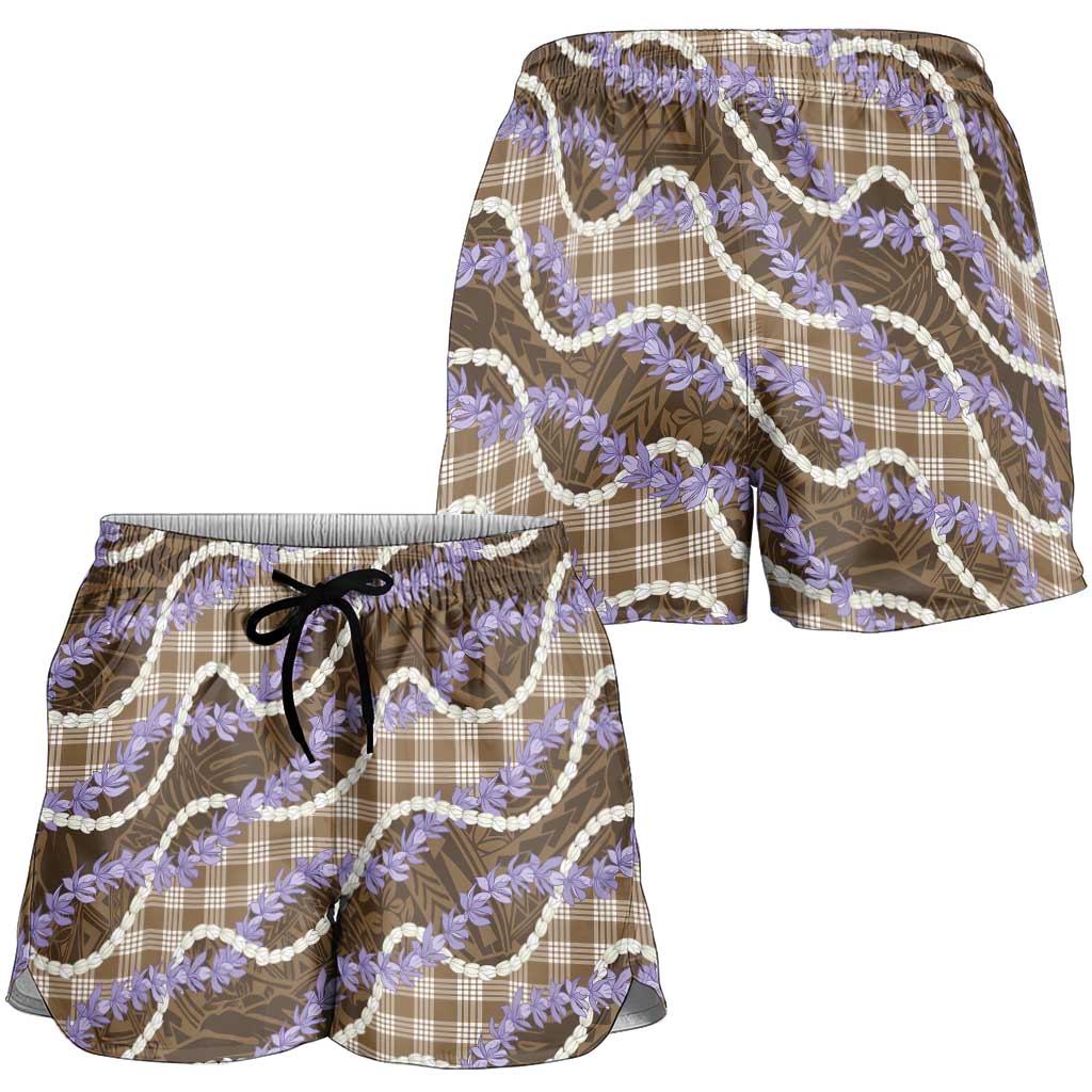 Brown Hawaii Palaka Honohono Pikake Shorts for Women Hawaiian Orchid Lei Polynesian Pattern - Polynesian Pride
