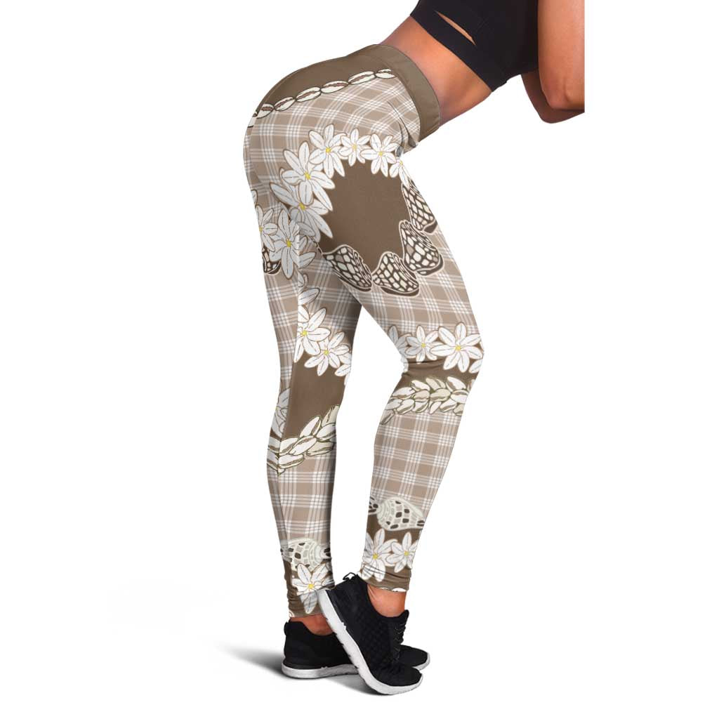 Brown Hawaii Tiare and Shell Lei Leggings Hawaiian Palaka Luxury Vibes - Polynesian Pride