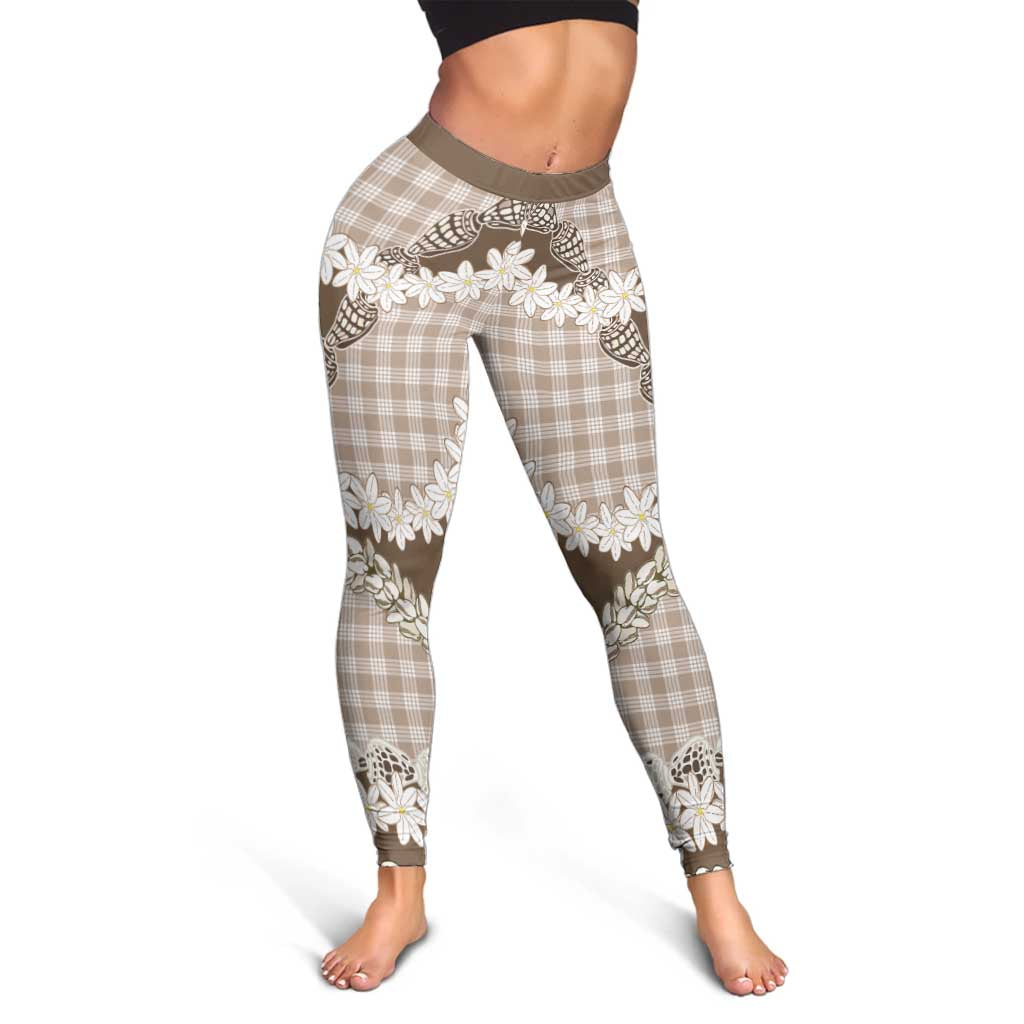 Brown Hawaii Tiare and Shell Lei Leggings Hawaiian Palaka Luxury Vibes - Polynesian Pride