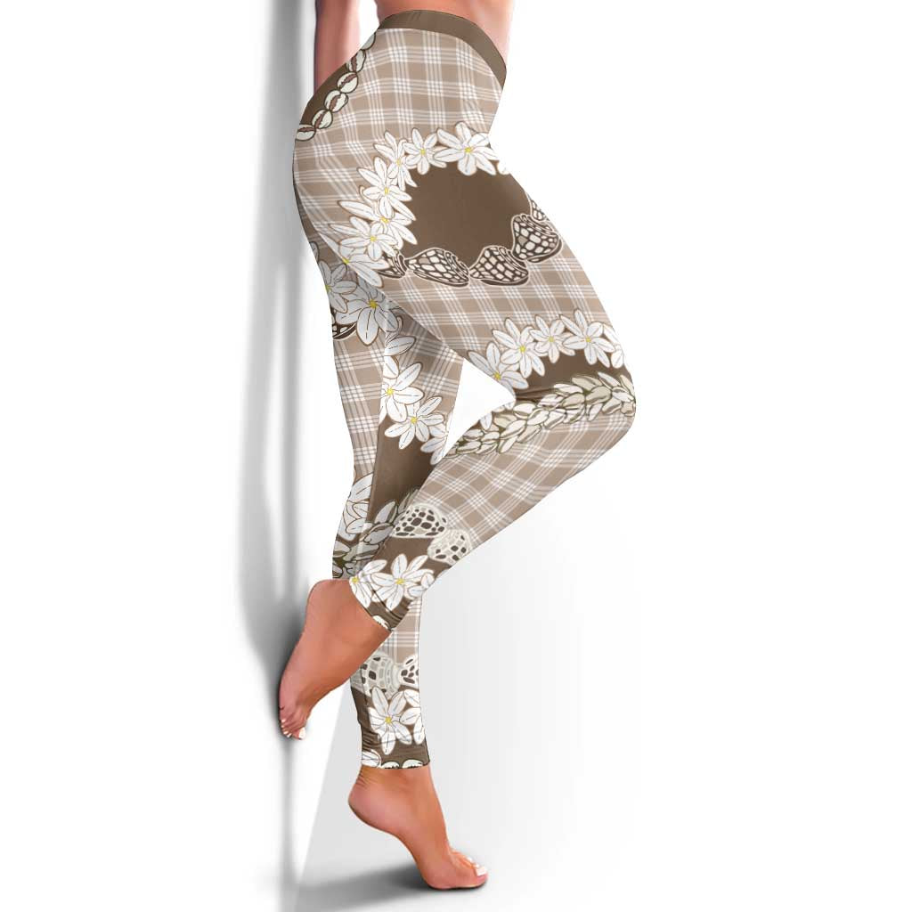 Brown Hawaii Tiare and Shell Lei Leggings Hawaiian Palaka Luxury Vibes - Polynesian Pride
