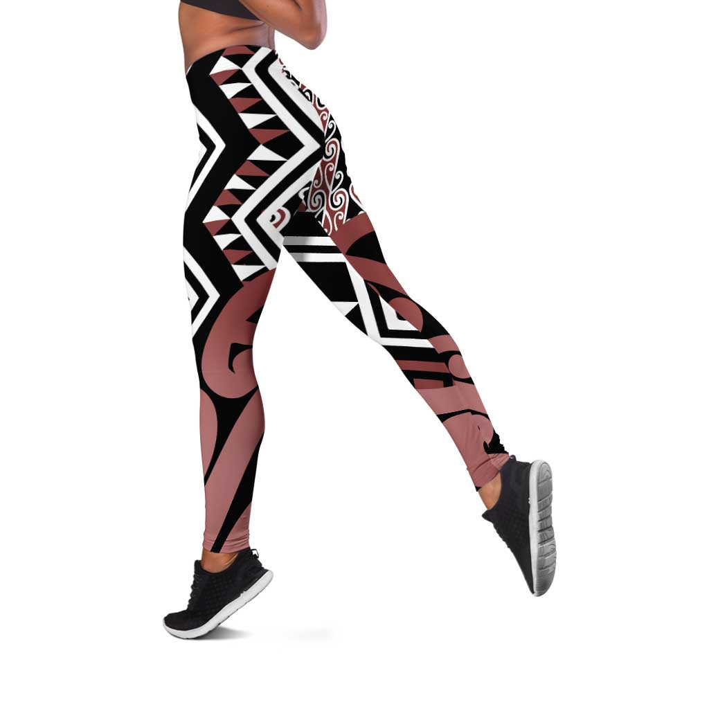 Brown New Zealand Leggings Aotearoa Kowhaiwhai Mix Taniko Art LT14