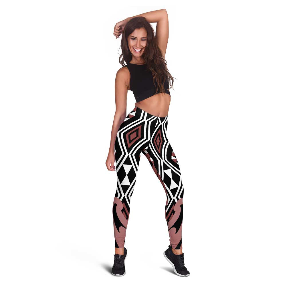 Brown New Zealand Leggings Aotearoa Kowhaiwhai Mix Taniko Art LT14