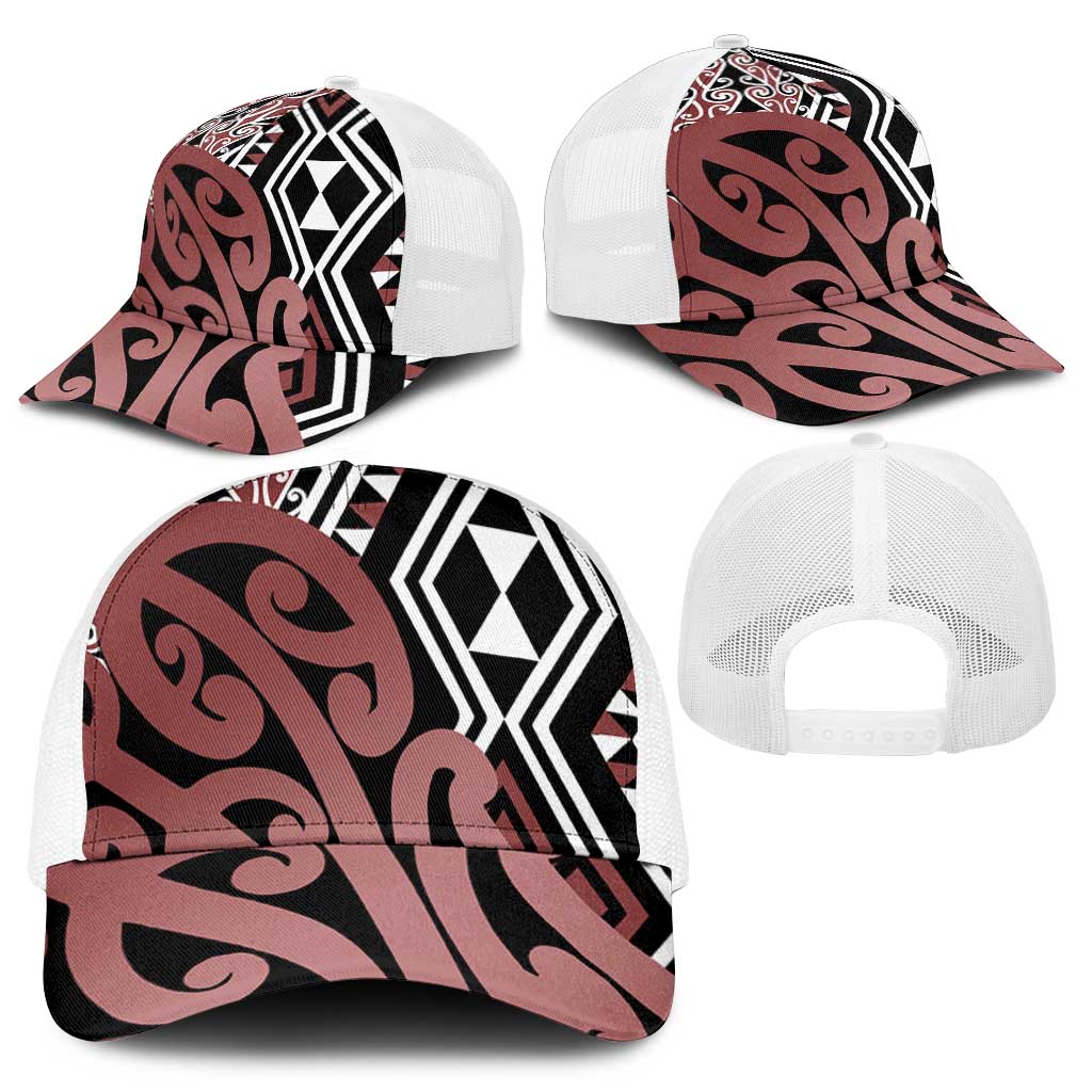 Brown New Zealand Mesh Trucker Cap Aotearoa Kowhaiwhai Mix Taniko Art - Polynesian Pride