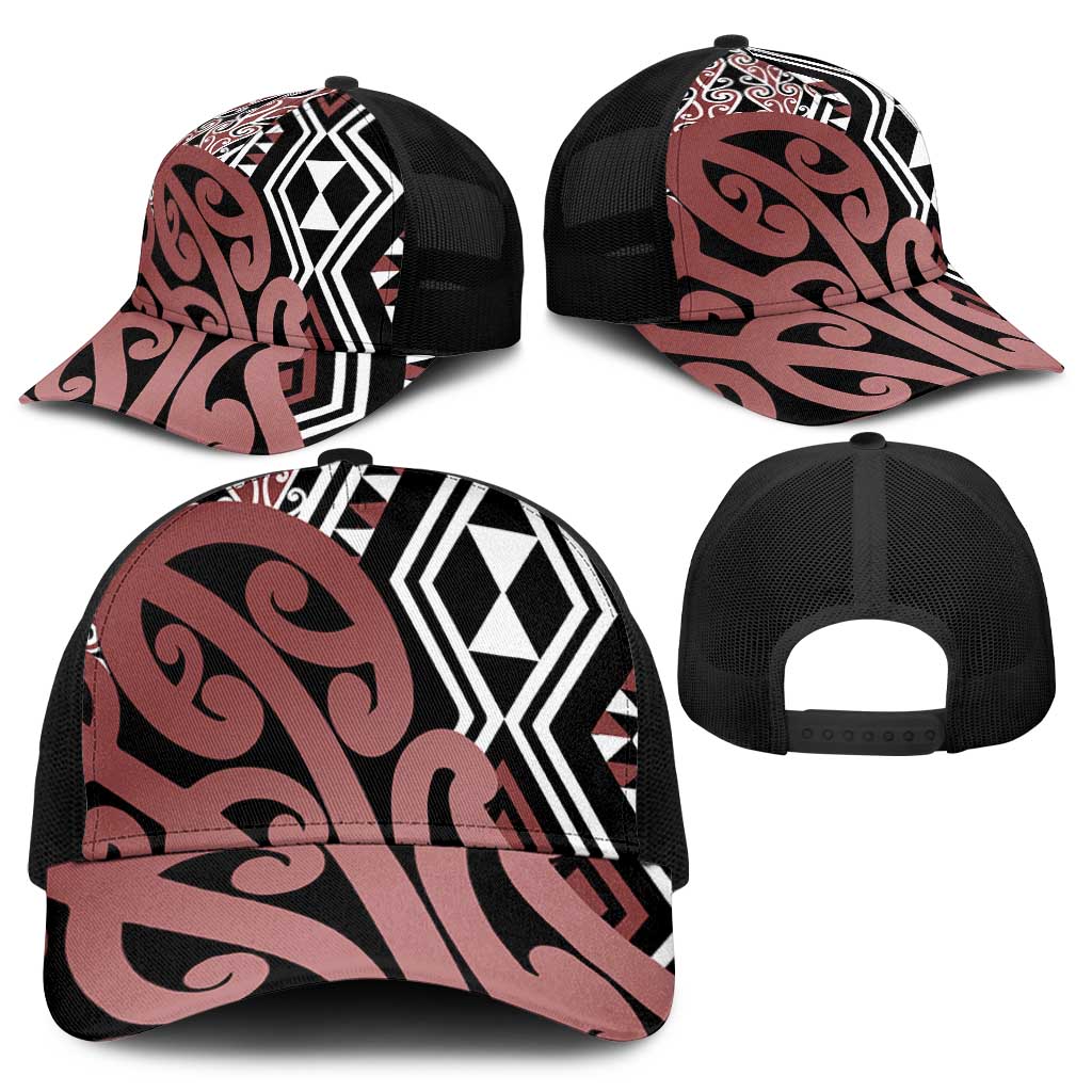 Brown New Zealand Mesh Trucker Cap Aotearoa Kowhaiwhai Mix Taniko Art - Polynesian Pride