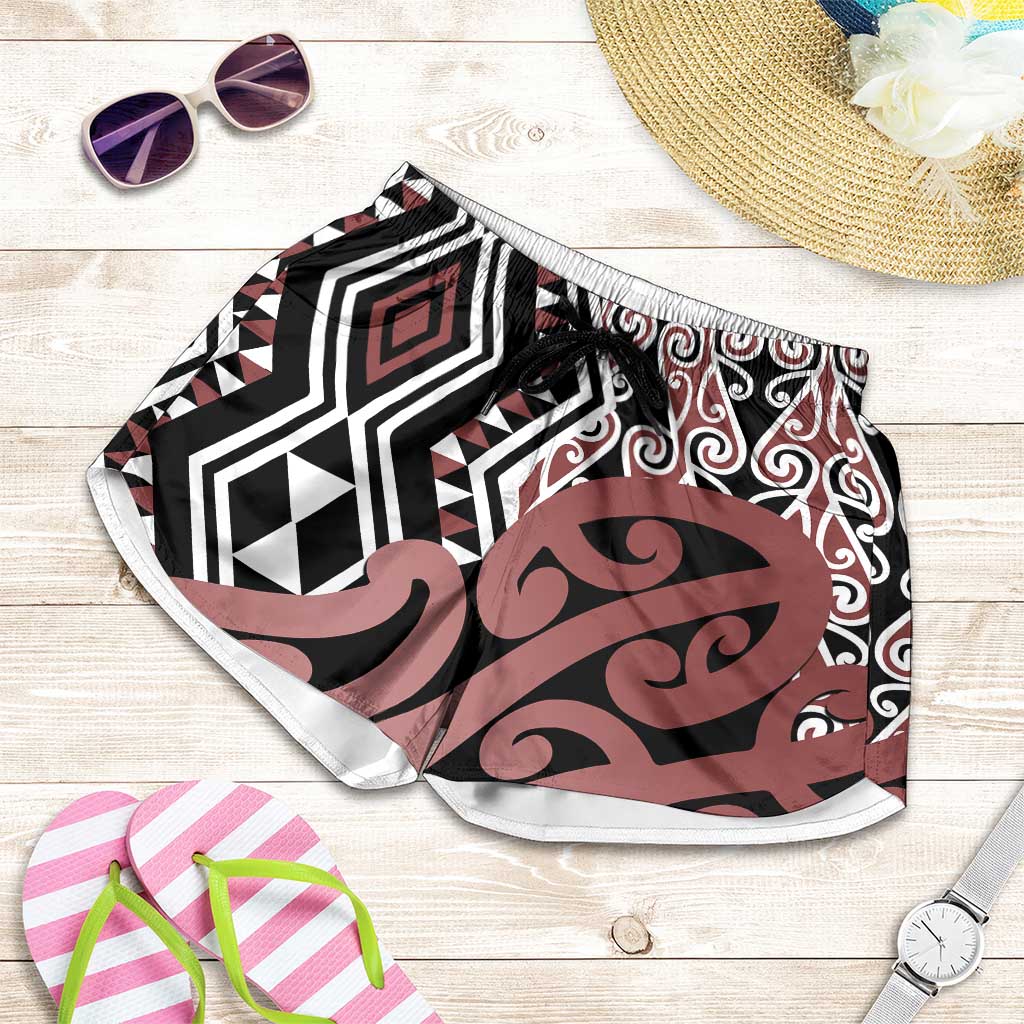 Brown New Zealand Shorts for Women Aotearoa Kowhaiwhai Mix Taniko Art LT14 Brown - Polynesian Pride