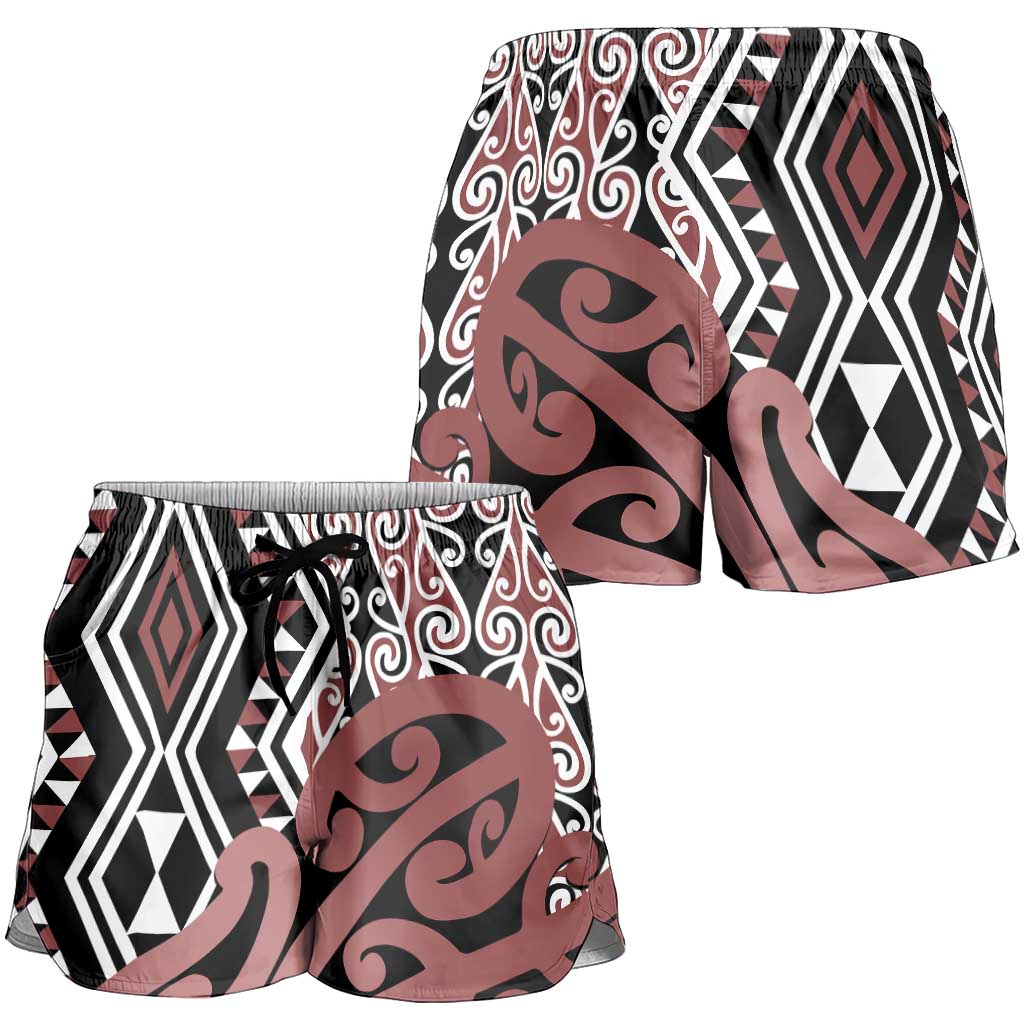 Brown New Zealand Shorts for Women Aotearoa Kowhaiwhai Mix Taniko Art LT14 - Polynesian Pride