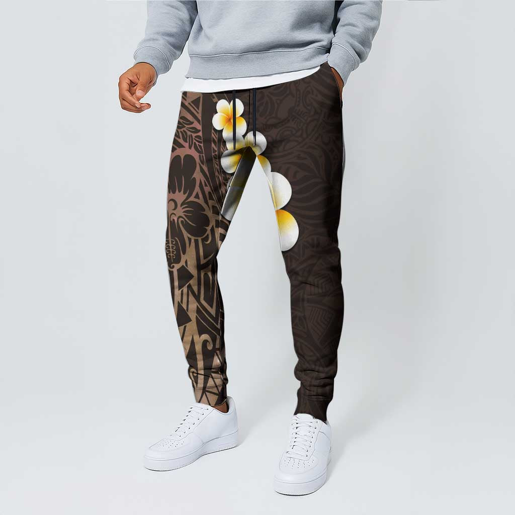 Brown Polynesia Jogger Pants Plumeria Tropical Leaves With Galaxy Polynesian Art - Polynesian Pride