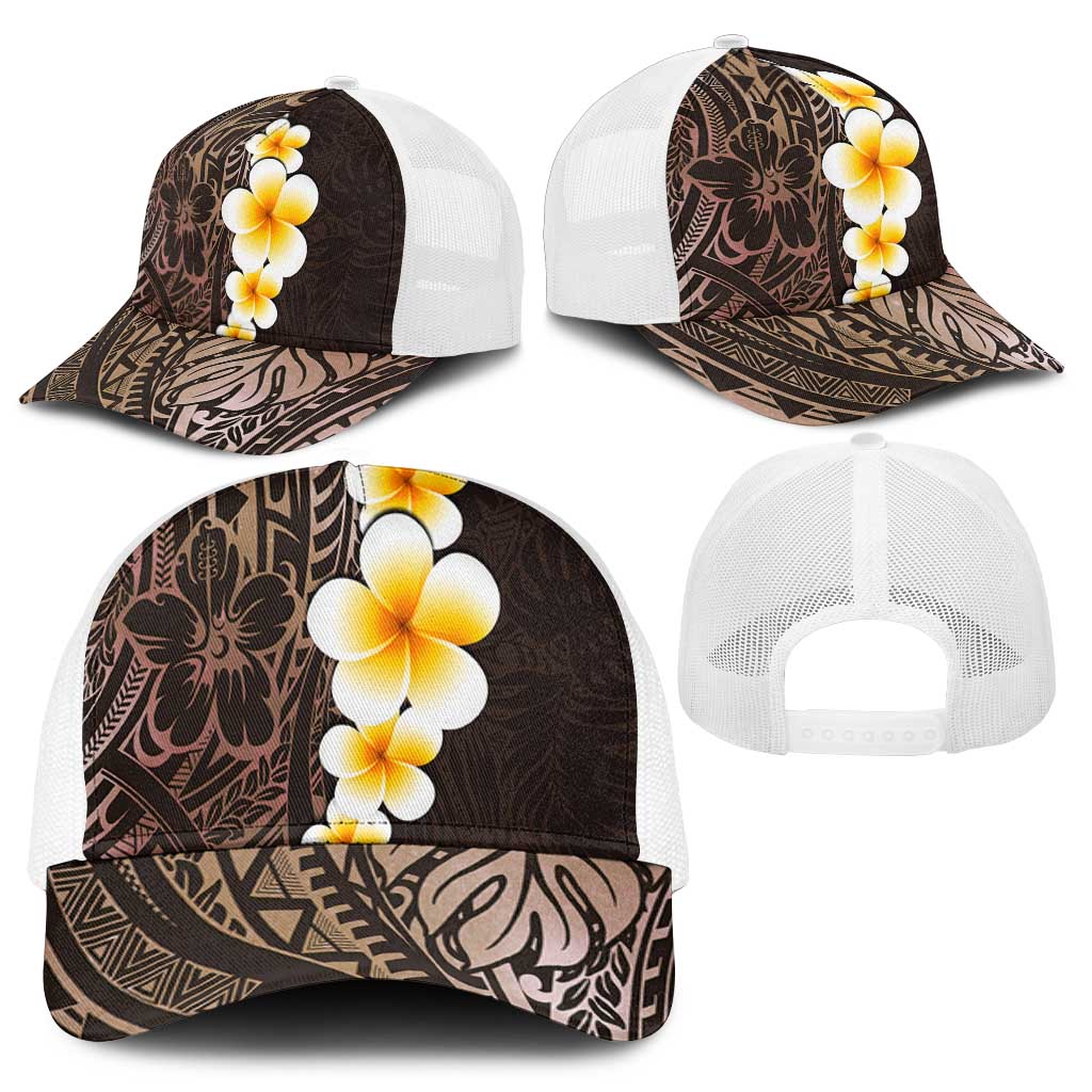 Brown Polynesia Mesh Trucker Cap Plumeria Tropical Leaves With Galaxy Polynesian Art - Polynesian Pride