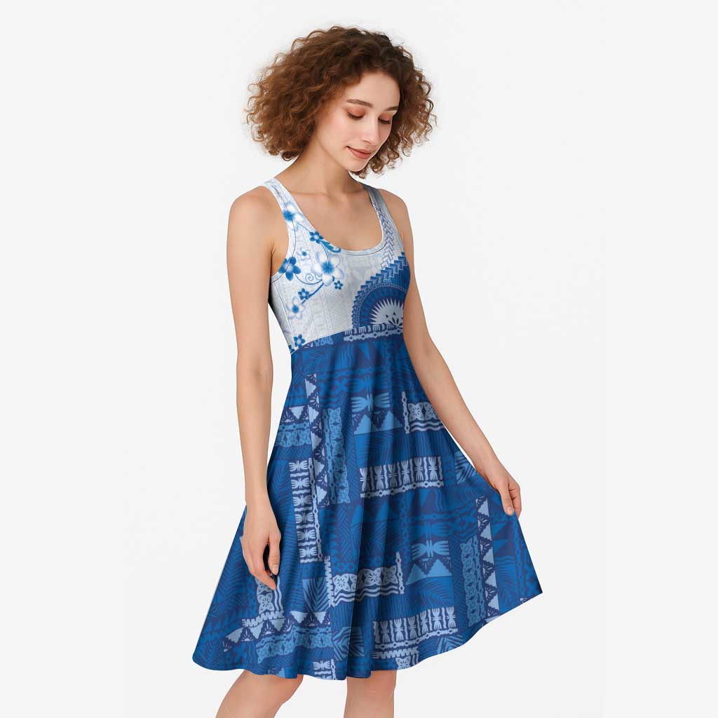 Bula Fiji Midi Dress Blue Plumeria Masi Tapa Pattern - Polynesian Pride