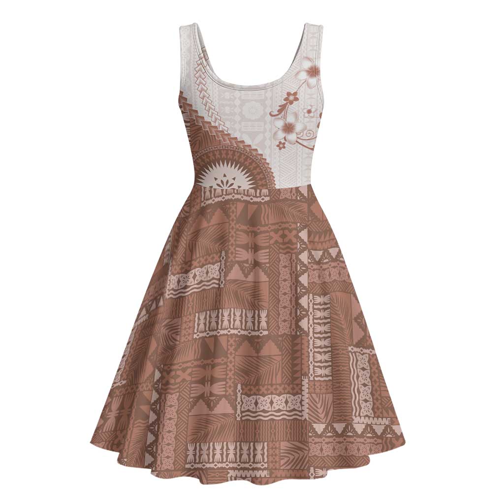Bula Fiji Midi Dress Brown Plumeria Masi Tapa Pattern - Polynesian Pride