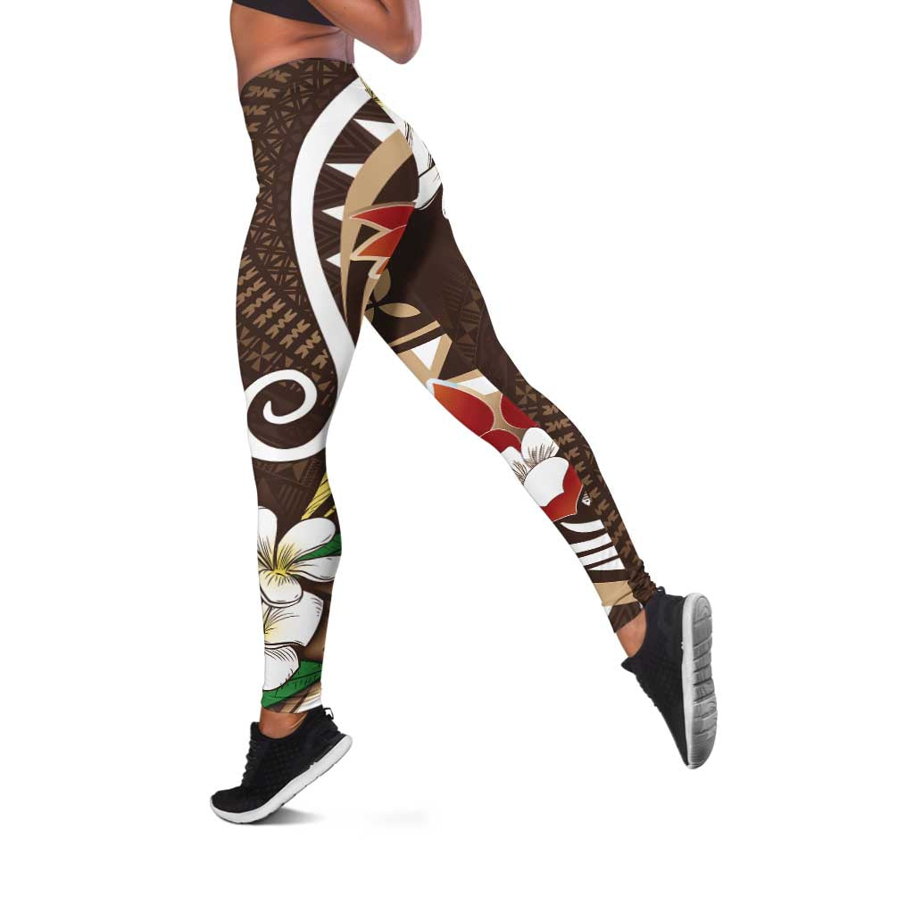 Bula Fiji Tagimaucia Mix Plumeria Masi Tapa Leggings Brown