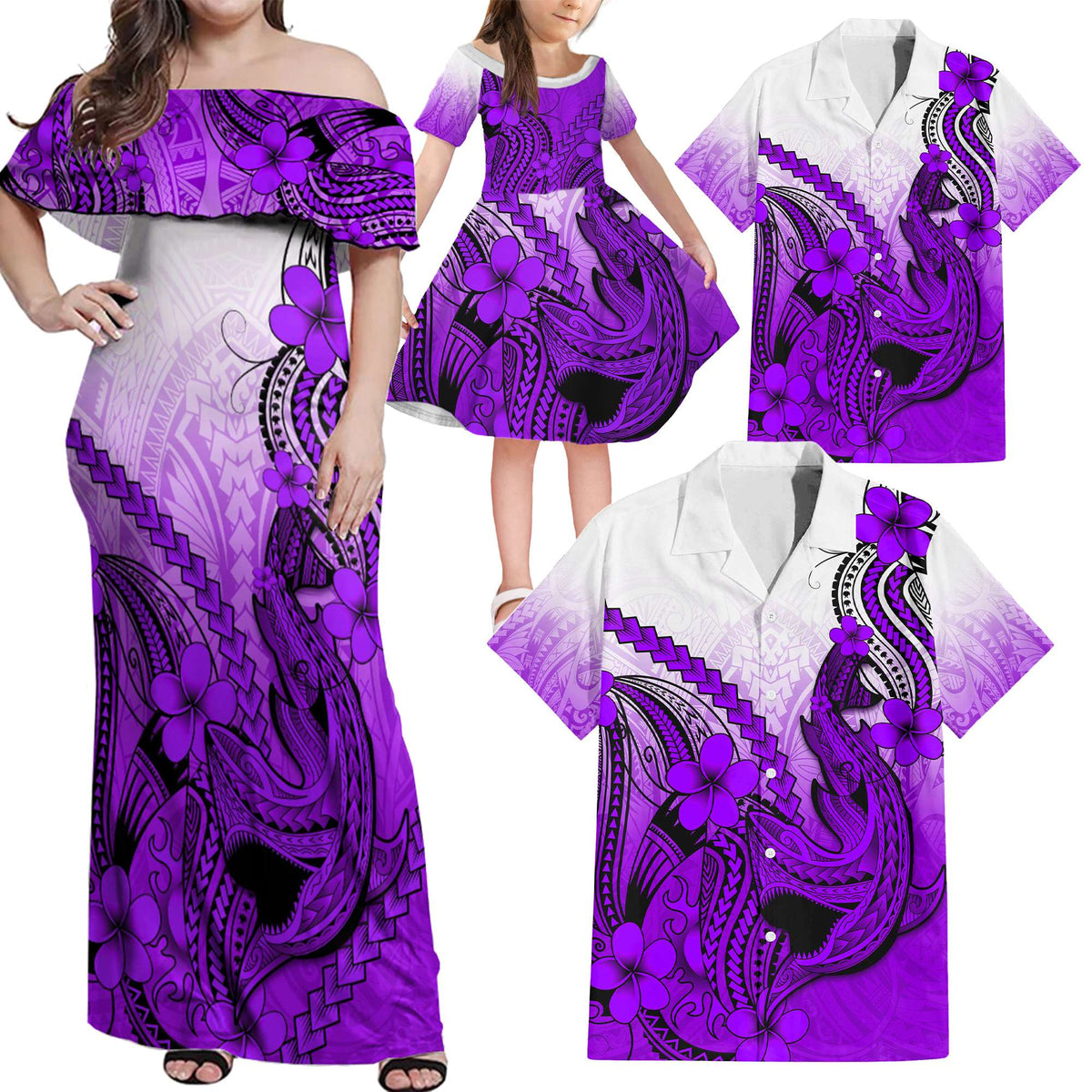 Purple Hawaii Family Matching Outfits Off Shoulder Maxi Dress And Hawaiian Shirt Polynesian Shark Tattoo LT14 Dad's Shirt - 5XL - Polynesian Pride