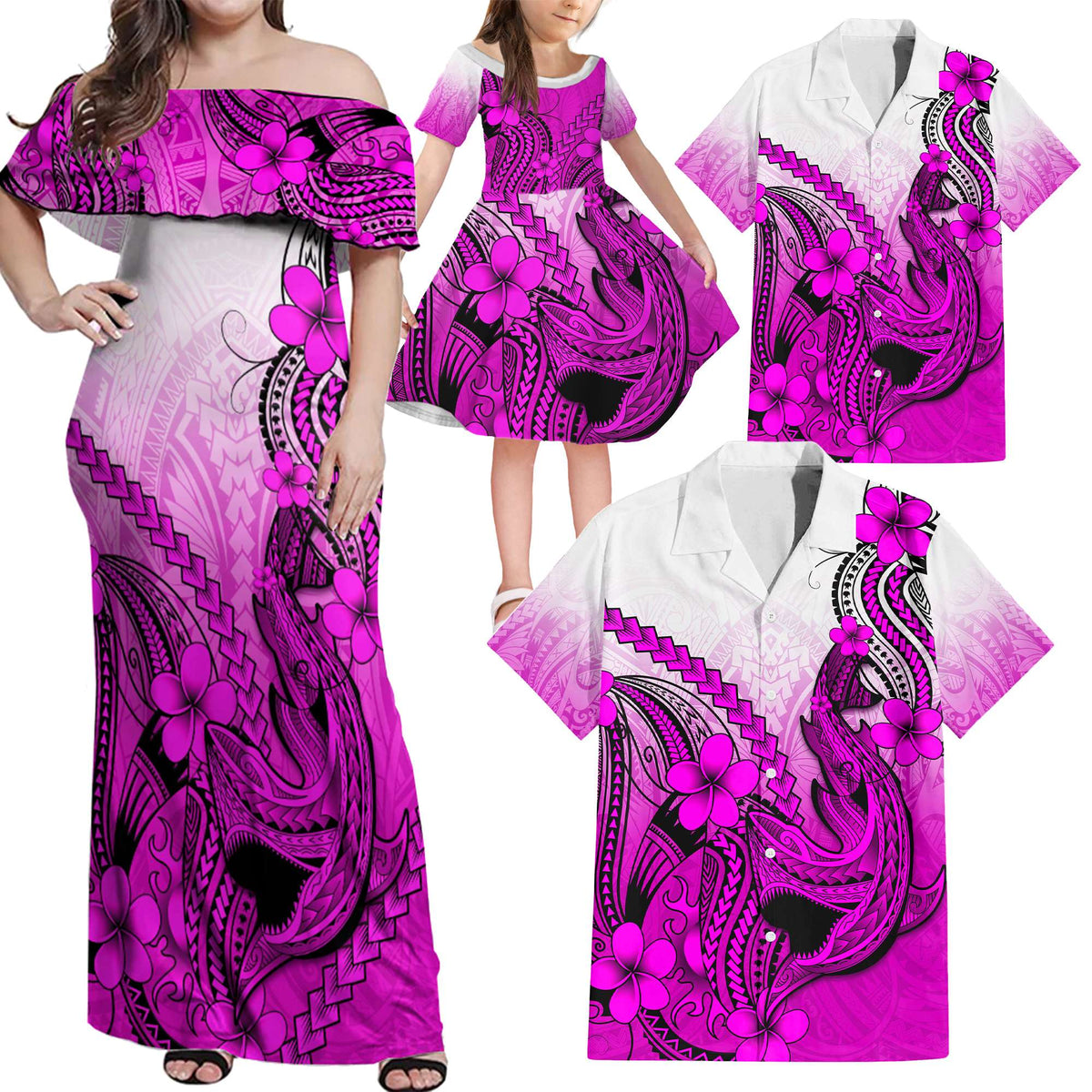 Pink Hawaii Family Matching Outfits Off Shoulder Maxi Dress And Hawaiian Shirt Polynesian Shark Tattoo LT14 Dad's Shirt - 5XL - Polynesian Pride