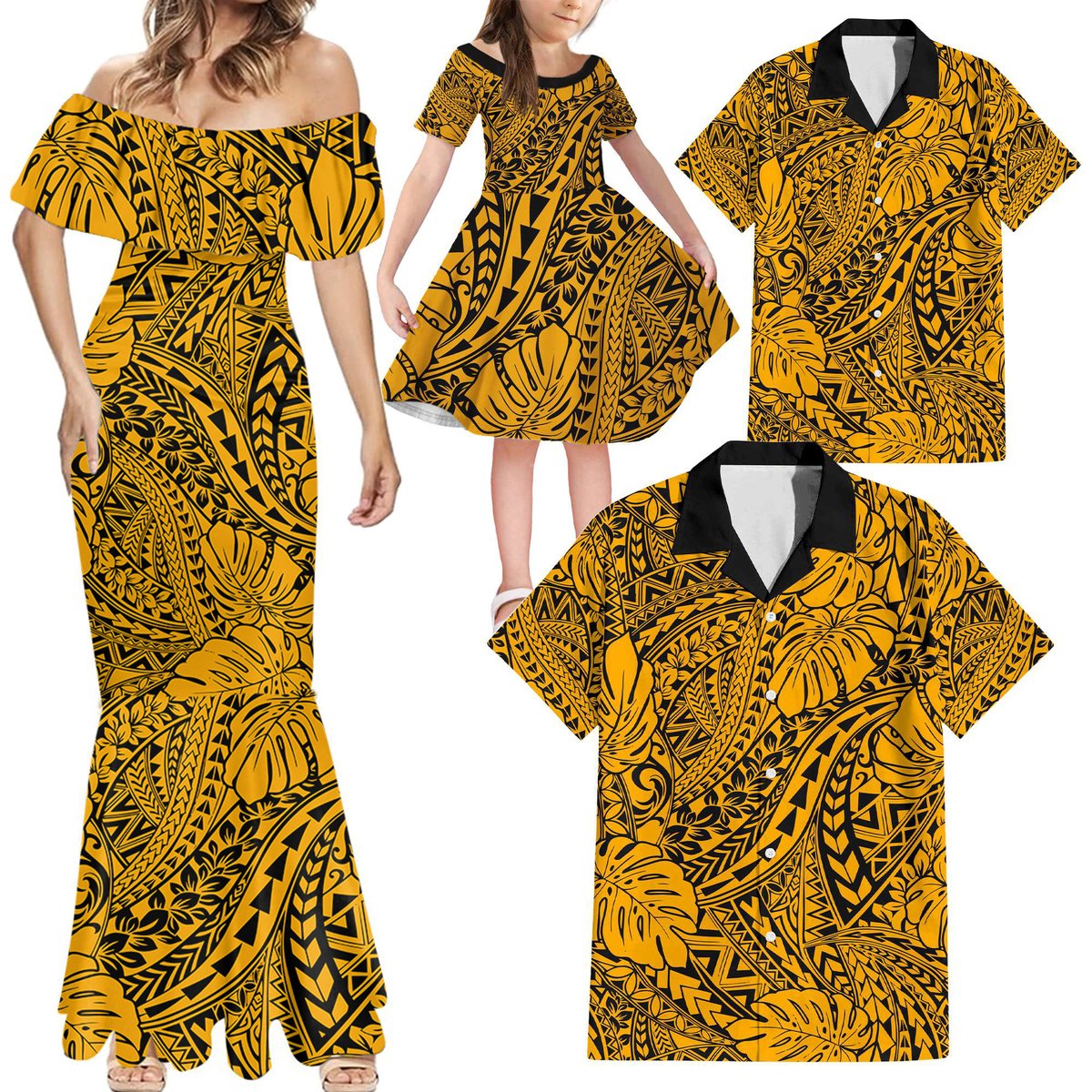 Gold Hawaii Family Matching Mermaid Dress and Hawaiian Shirt - Tribal Art LT14 Daughter's Dress - Polynesian Pride