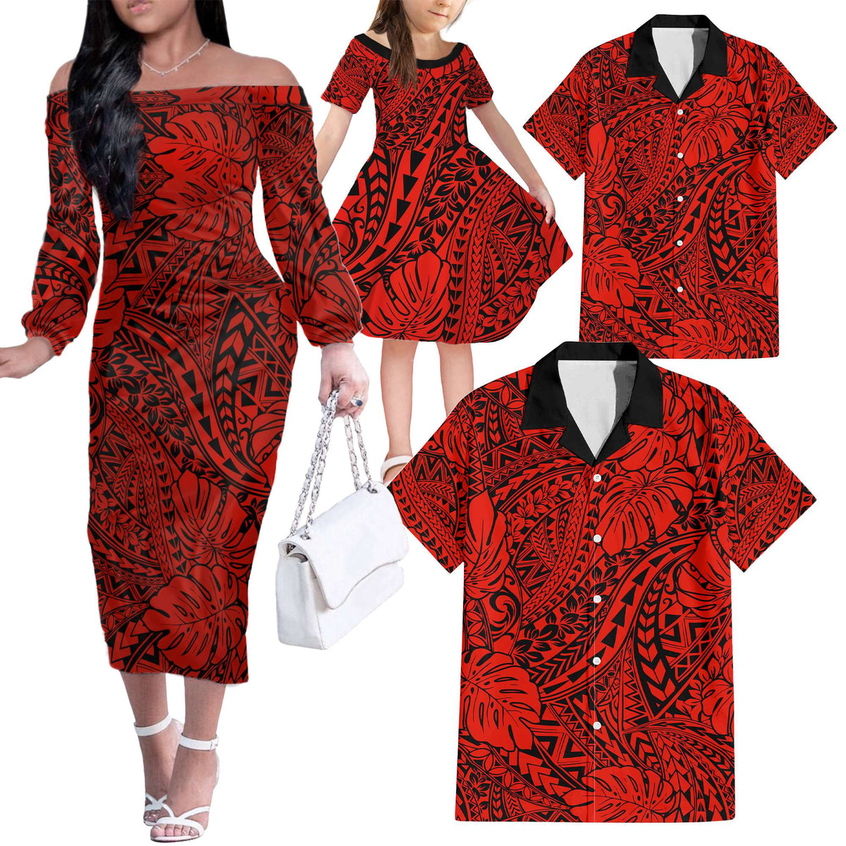 Red Hawaii Family Matching Off Shoulder Long Sleeve Dress And Hawaiian Shirt Tribal Art LT14 Dad's Shirt - 6XL - Polynesian Pride