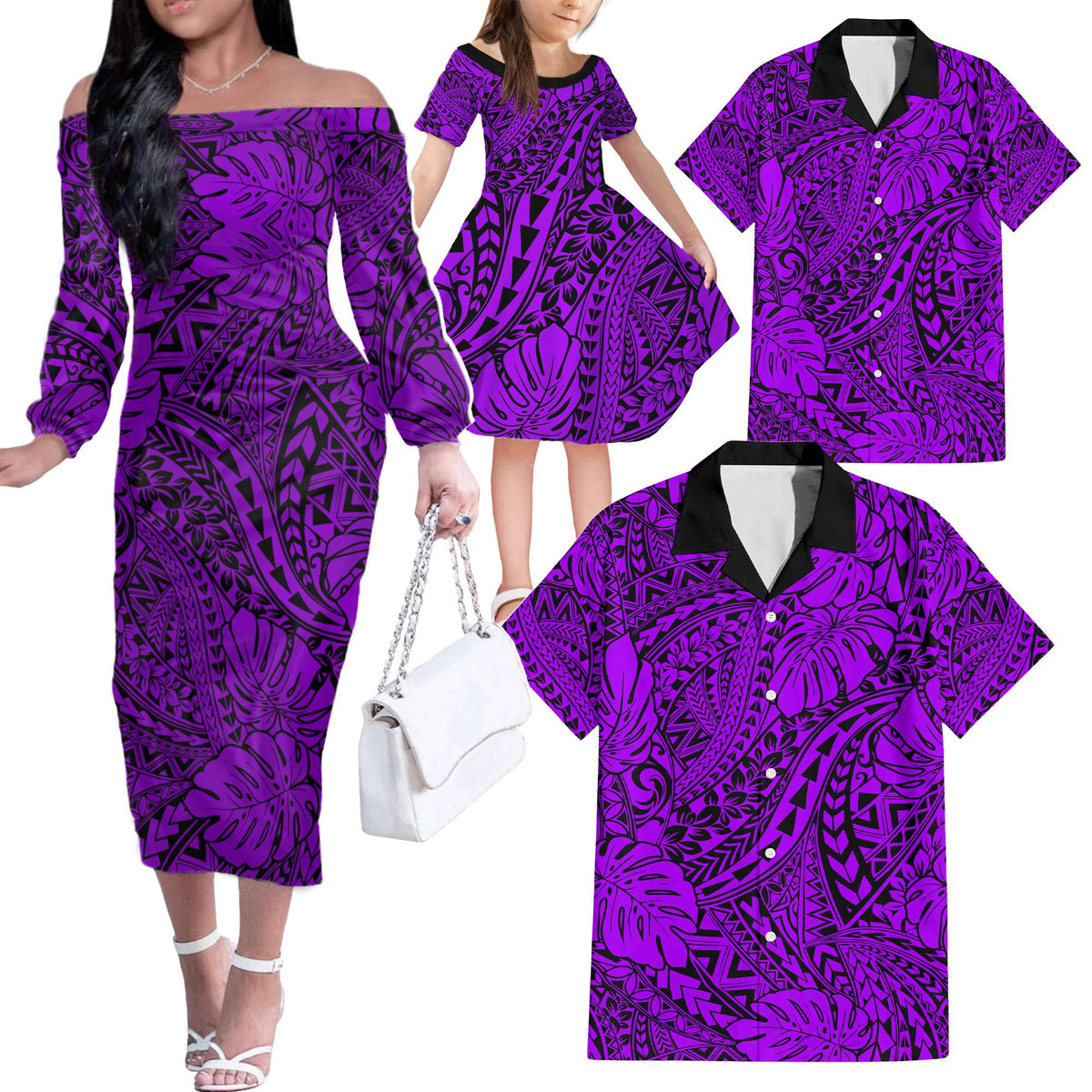 Purple Hawaii Family Matching Off Shoulder Long Sleeve Dress And Hawaiian Shirt Tribal Art LT14 Dad's Shirt - 6XL - Polynesian Pride