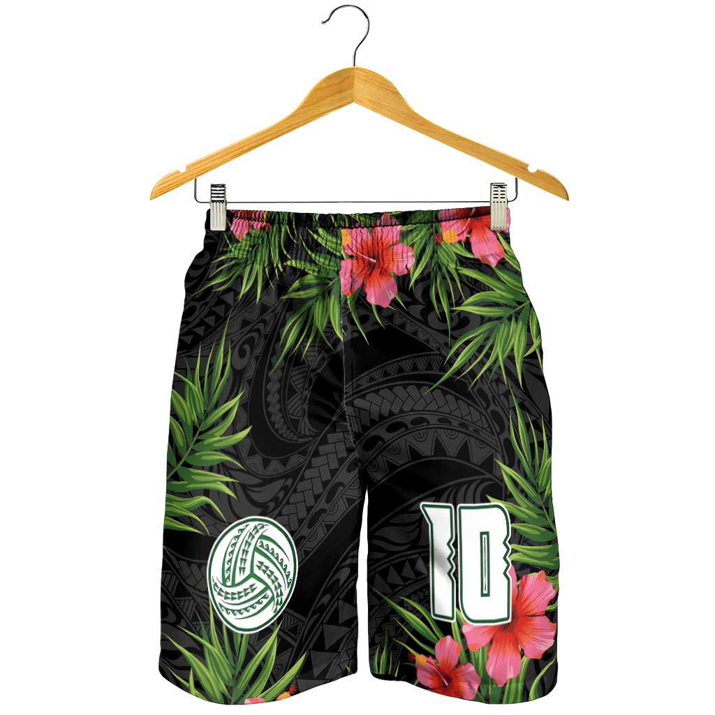 Custom Hawaii Volleyball Shorts for Men Kakau Abstract and Tropical Plants Black Color - Polynesian Pride