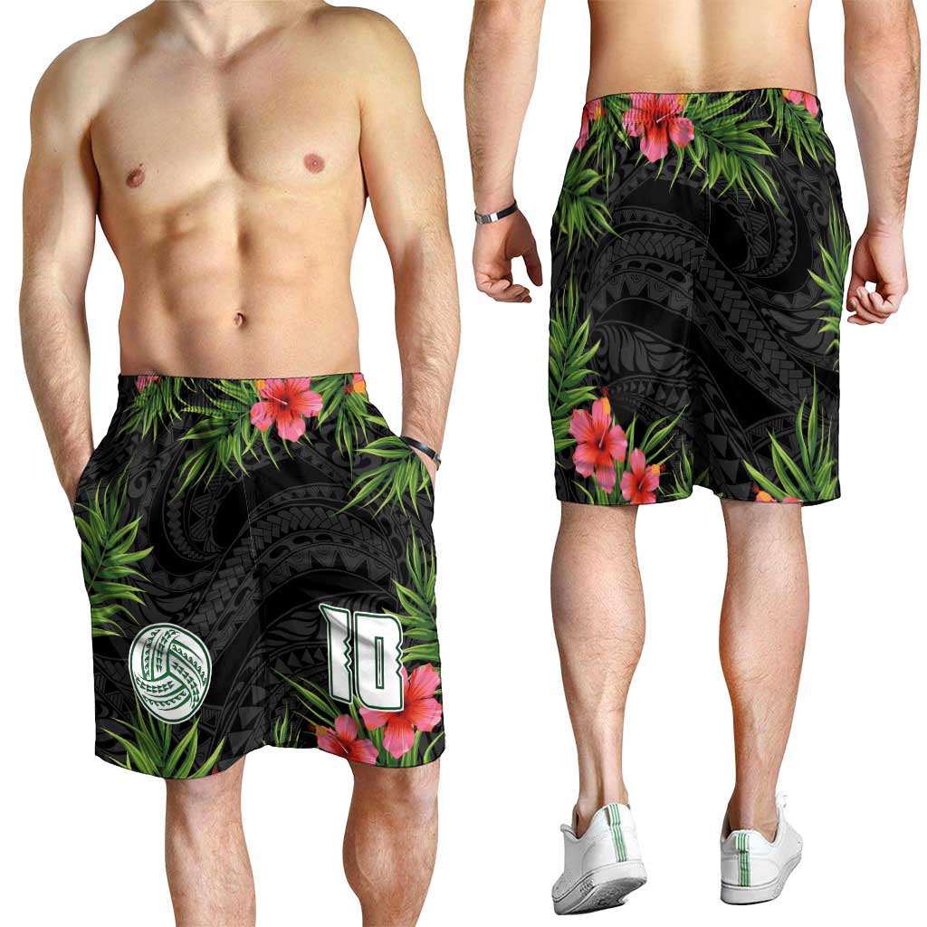 Custom Hawaii Volleyball Shorts for Men Kakau Abstract and Tropical Plants Black Color - Polynesian Pride