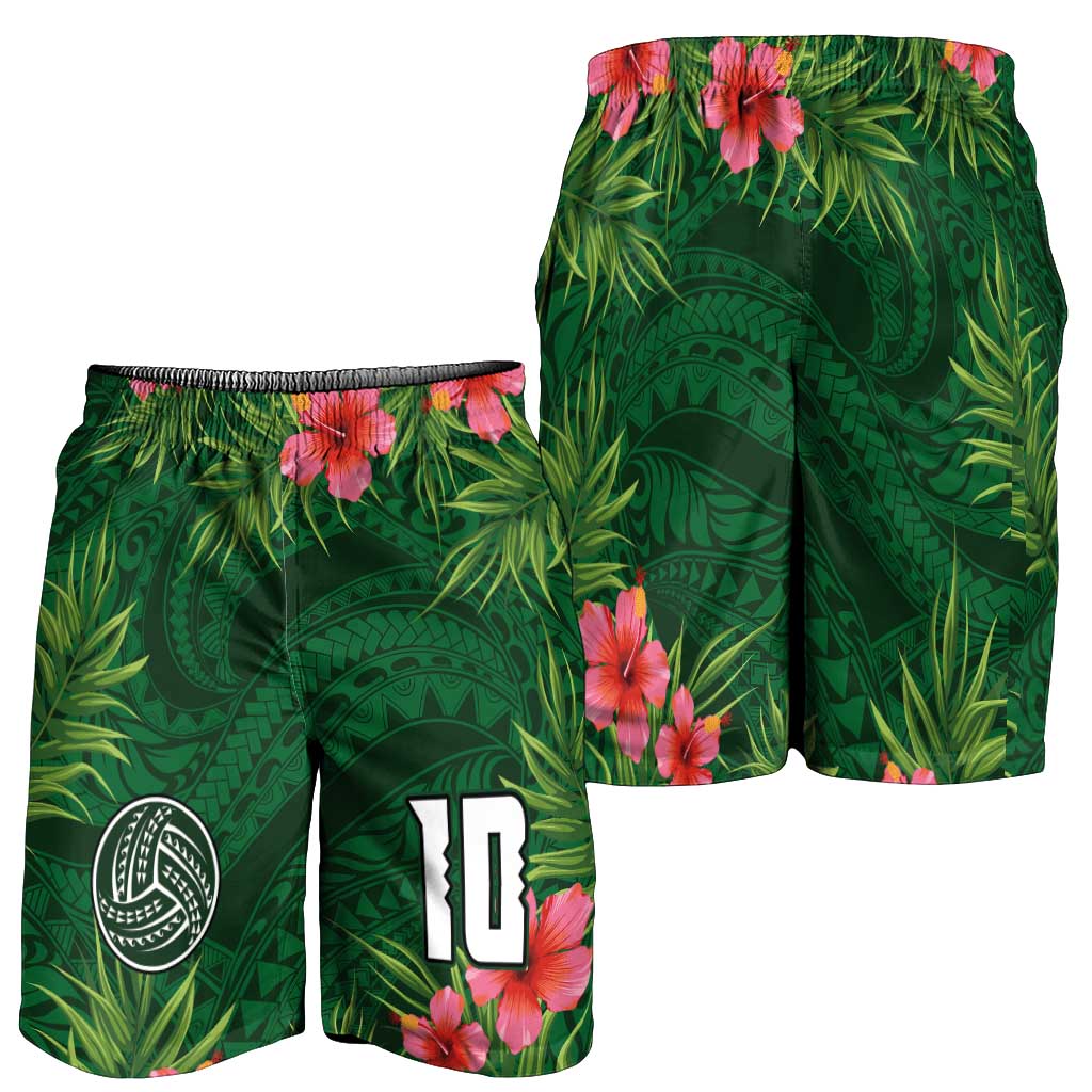Custom Hawaii Volleyball Shorts for Men Kakau Abstract and Tropical Plants Green Color - Polynesian Pride