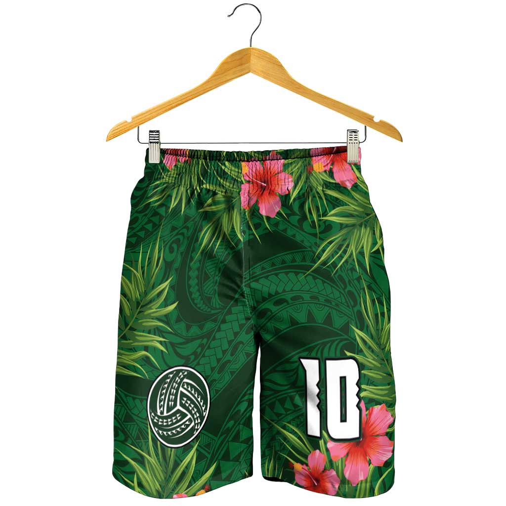 Custom Hawaii Volleyball Shorts for Men Kakau Abstract and Tropical Plants Green Color - Polynesian Pride