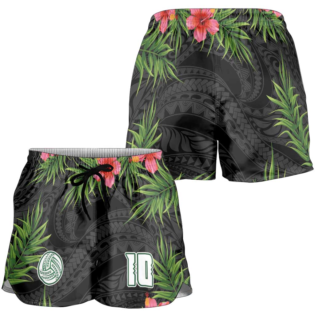 Custom Hawaii Volleyball Shorts for Women Kakau Abstract and Tropical Plants Black Color - Polynesian Pride
