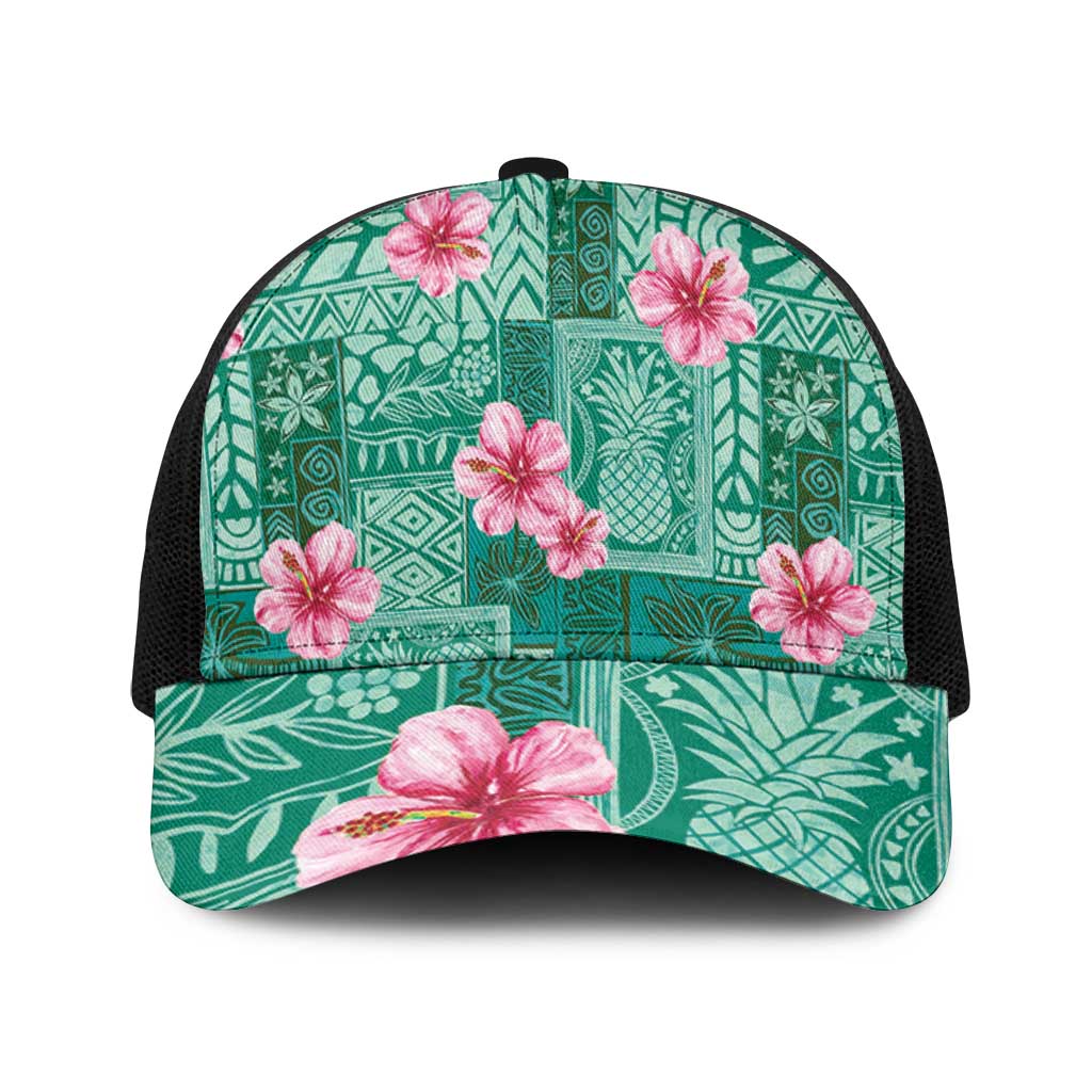 Cyan Hawaii Hibiscus With Tropical Flowers Motifs Baseball Net Cap LT14 One Size Black Cyan - Polynesian Pride
