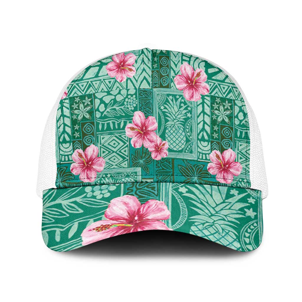 Cyan Hawaii Hibiscus With Tropical Flowers Motifs Baseball Net Cap LT14 One Size White Cyan - Polynesian Pride
