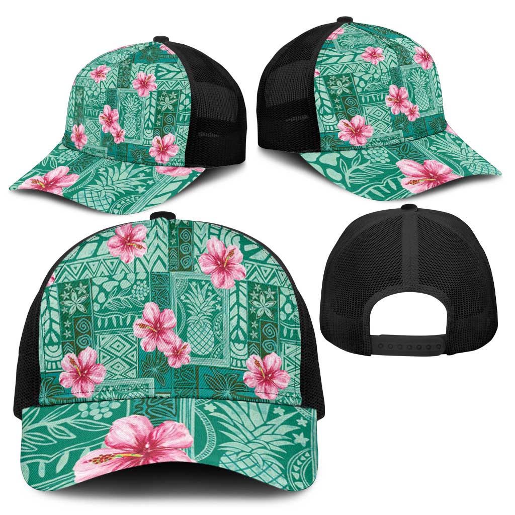 Cyan Hawaii Hibiscus With Tropical Flowers Motifs Baseball Net Cap LT14 - Polynesian Pride