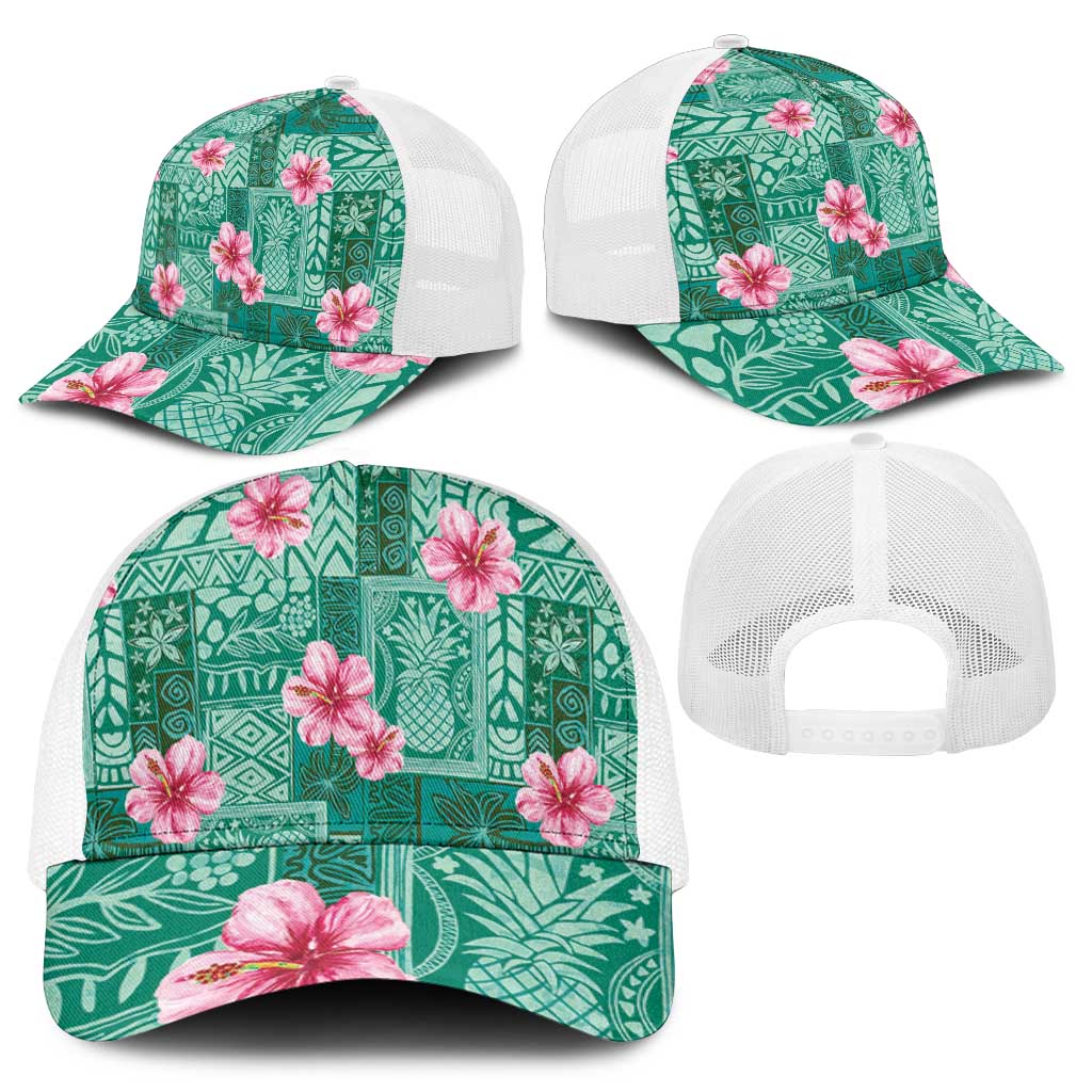 Cyan Hawaii Hibiscus With Tropical Flowers Motifs Baseball Net Cap LT14 - Polynesian Pride