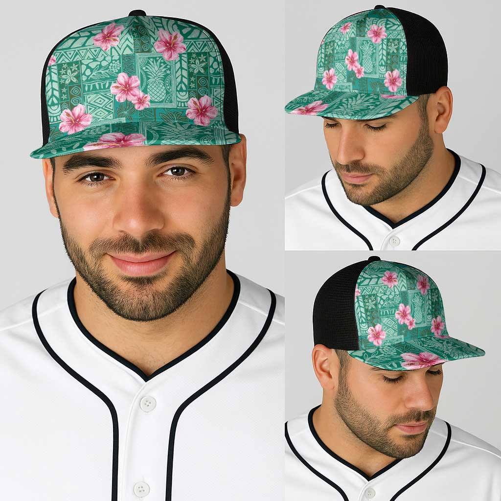 Cyan Hawaii Hibiscus With Tropical Flowers Motifs Baseball Net Cap LT14 - Polynesian Pride